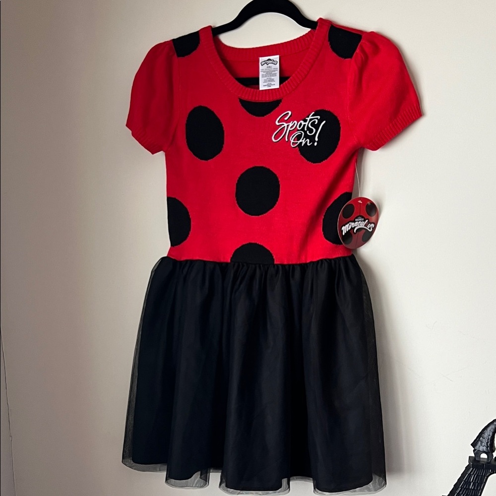 Miraculous ZAG Girls Fit & Flare Dress L (10-12) Polka Dot Red Black Ladybug